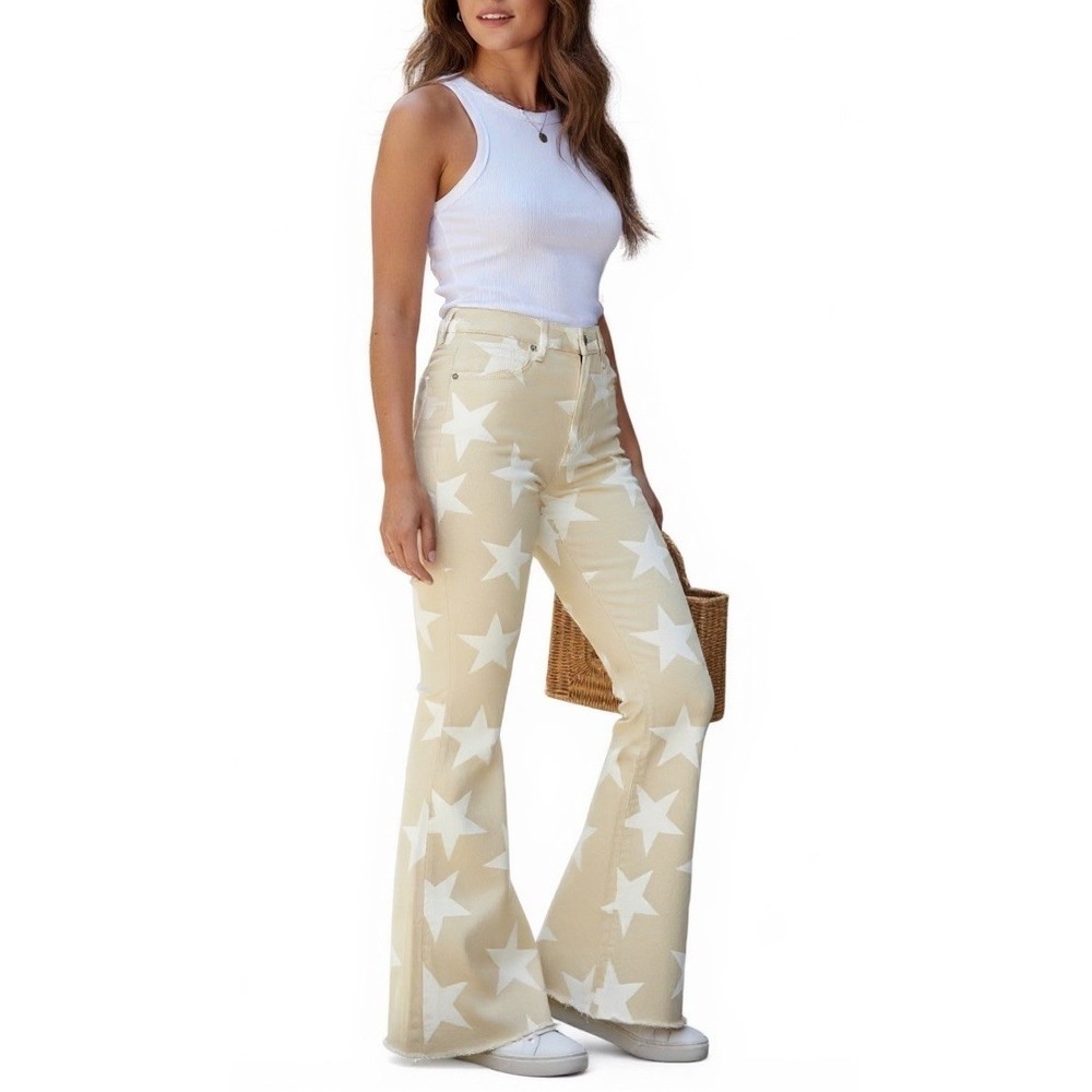 Altar'd State Star Struck Flare Jeans‎ in Oatmeal and White Size Medium